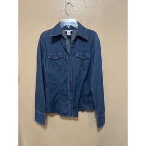 Ann Taylor LOFT Stretch Denim Shirt Women Size 4 Blue‎ Cotton Blend Button Down